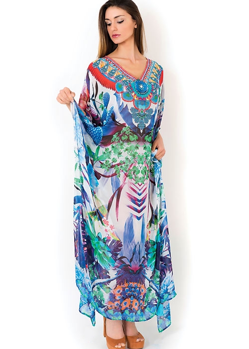 F4748 Polyester Beach Dress side slit & loose printed shivering blue